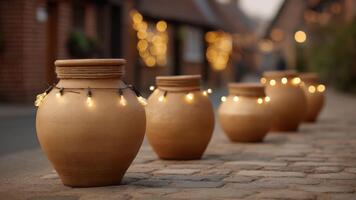 lugn väg med dekorativ lera burkar och värma blinkande lampor i kväll miljö för lugn atmosfär och mysigt vibrafon video