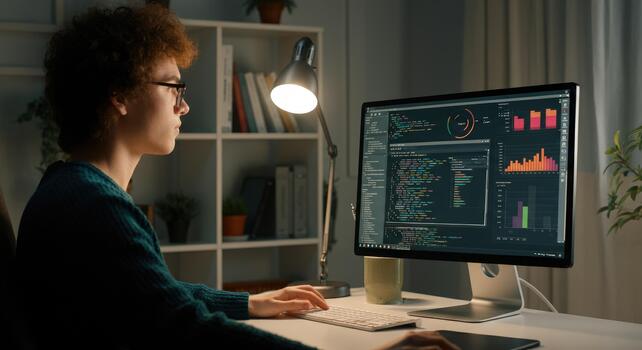 persona analizando datos en computadora pantalla con cartas y código foto