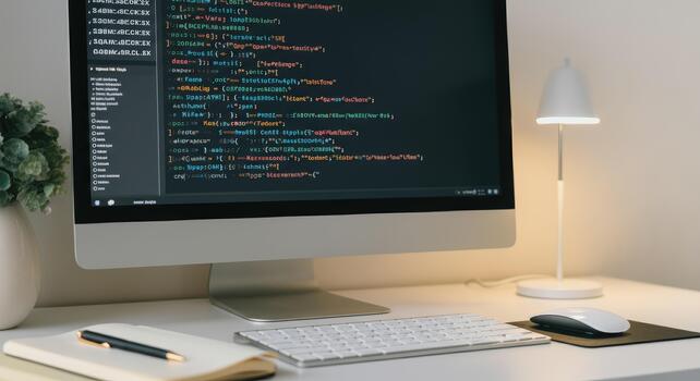 Close-up of computer screen with code in modern workspace photo