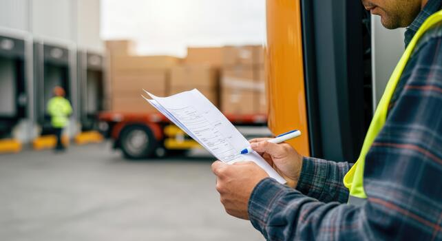Worker checking inventory list at loading dock photo
