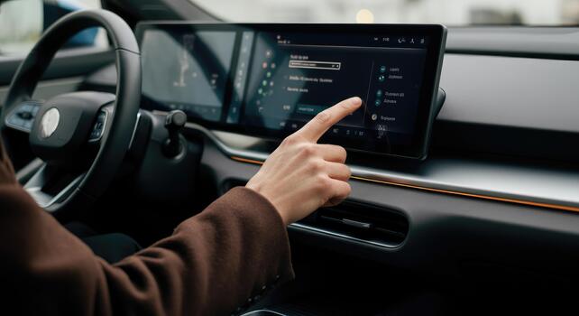 Person using touchscreen dashboard in modern car photo