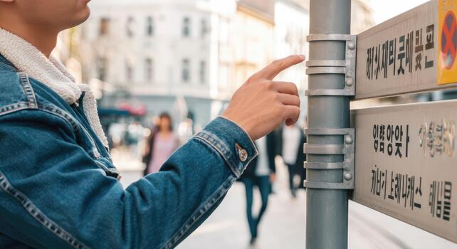 Man pointing at street sign with Korean text in urban setting photo