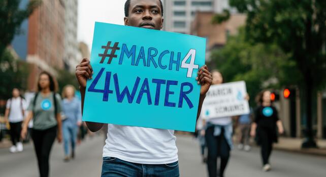 African American man holding March for Water sign at protest photo