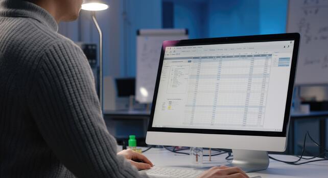 Person analyzing data on computer with spreadsheet screen in office setting photo