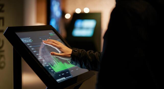 Man using touchscreen tablet with graph Business technology, data analysis photo