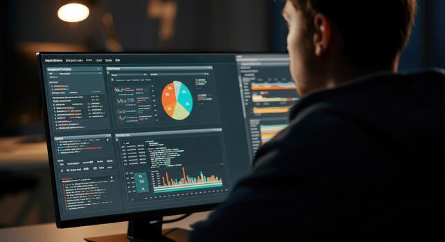 Man analyzing data visualizations and code on computer screen photo