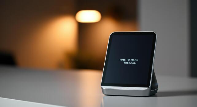 Modern smart device on table displaying TIME TO MAKE CALL photo