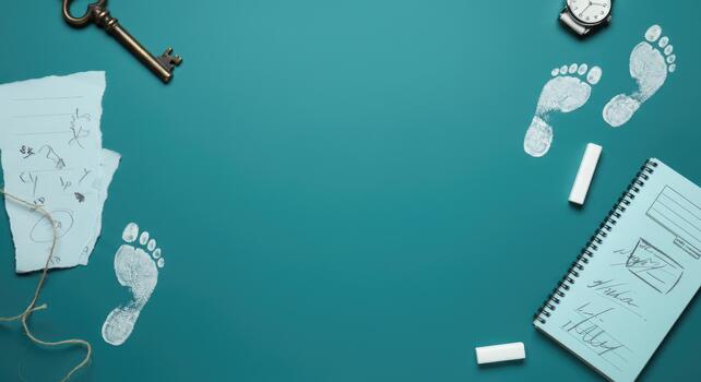 Mystery-themed background with footprints, key, notebook, and string on teal surface photo