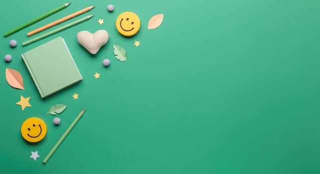 Creative green workspace with stationery, heart, and smiling faces Concept of love, joy, creativity photo