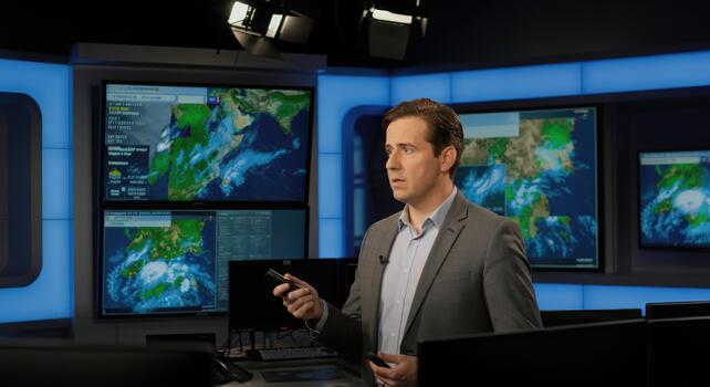 Man presenting weather forecast in television studio with multiple screens showing data photo