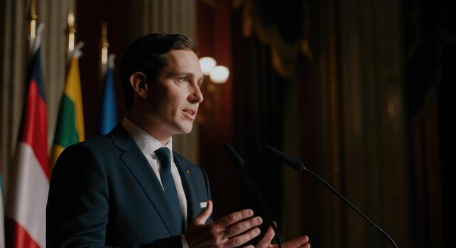 Man speaking at podium with multiple flags in background, likely formal event or press conference photo