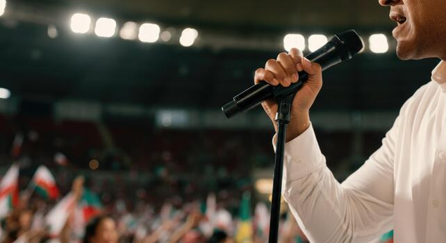 Man holding microphone, addressing crowd at event Flags in background photo