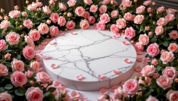 A marble podium surrounded by elegant rose clusters, petals forming natural patterns, illuminated by delicate atmospheric lighting. photo