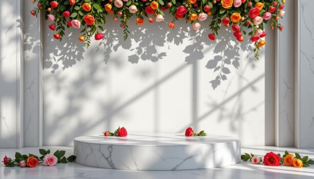 A classical marble podium framed by vibrant roses, shadows soft and warm, arranged with precision in a serene empty setting. photo