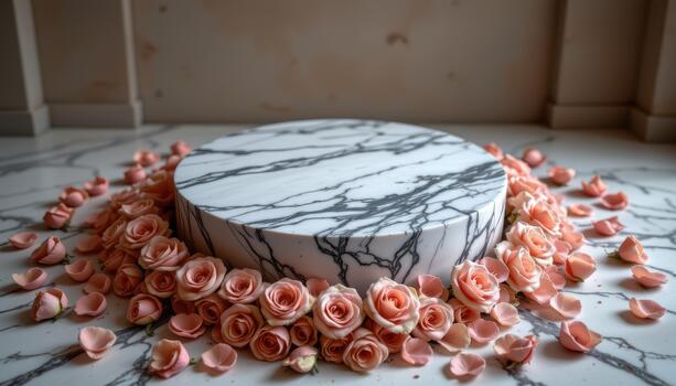 A sculpted marble podium encircled by roses, petals forming delicate circular patterns, lit by soft golden ambient tones. photo