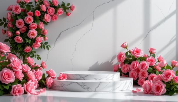 un lustroso mármol podio enmarcado por lozano Rosa racimos, pétalos vívido y en capas, conjunto en un tranquilo atmosférico vacío ambiente. foto