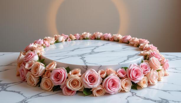 A polished marble podium encircled by pastel roses, petals forming loops, illuminated softly by warm diffused glow. photo