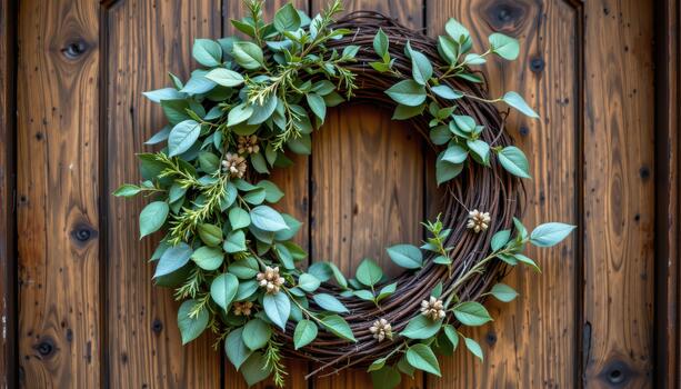Rustic herbal wreath with sage and rosemary on an old wooden door, creating a warm, inviting natural look. photo