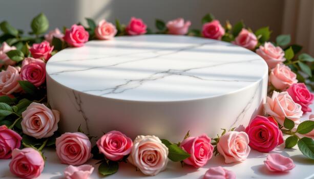 A polished white marble podium embraced by roses, petals forming pleasing patterns, glowing under airy soft illumination. photo