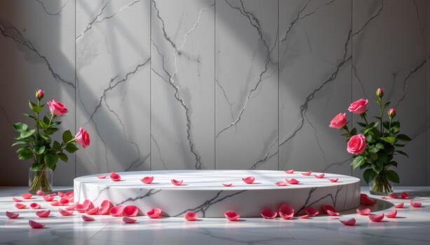 A pristine marble podium framed by vibrant roses, petals lined neatly, glowing under atmospheric diffused illumination. photo