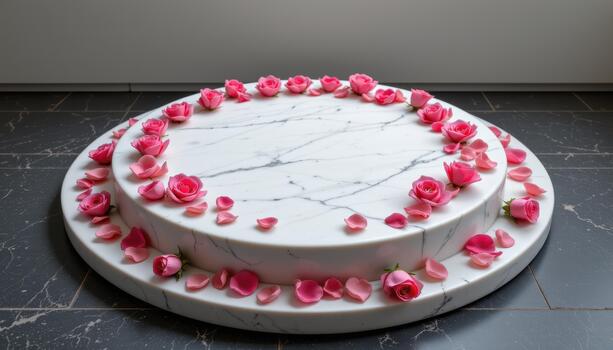 A smooth marble podium embraced by roses, petals forming delicate loops, set within a minimal quiet environment. photo