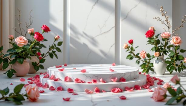 A pure marble podium surrounded by elegant roses, petals lined perfectly, set in a calm, softly lit environment. photo