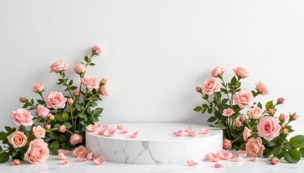 A white marble podium framed by blooming roses, petals creating gentle patterns, glowing softly in a clean minimal backdrop. photo