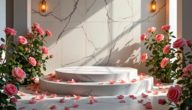 A pure marble podium framed by radiant roses, petals soft and shimmering, set in a quiet minimal warmly lit space. photo