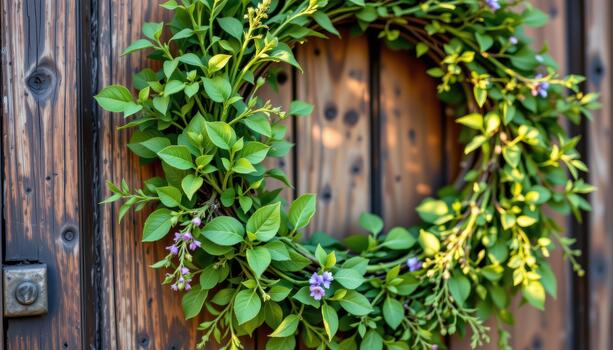 Small herbal wreath with mixed greenery on a rustic wooden door, warm sunlight emphasizing leaf details and patterns. photo