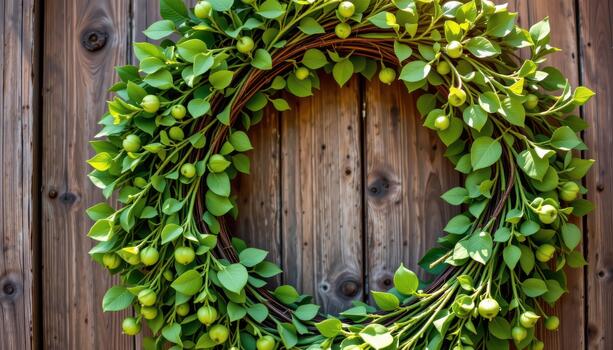 hecho a mano verde herbario guirnalda en un granero de madera puerta, suave luz de sol enfatizando intrincado botánico patrones. foto
