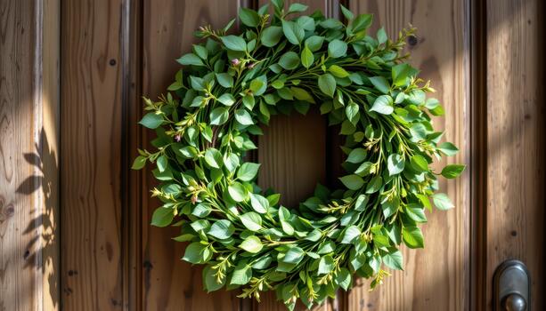 Small herbal wreath with mixed greenery on a rustic wooden door, sunlight softly illuminating intricate leaf patterns. photo