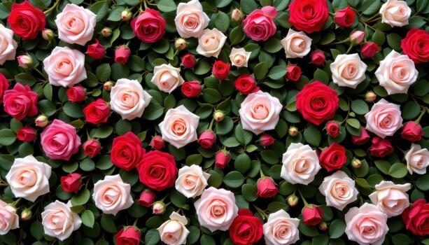 Red and pastel roses covering a full scale green backdrop creating a soft, elegant, and dreamy scene. photo