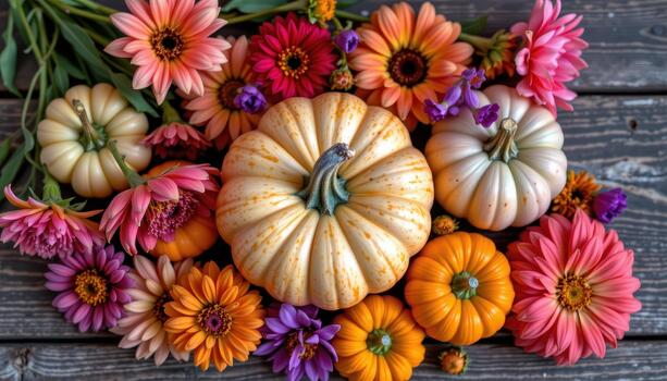 Mini pumpkins surrounded by asters and dahlias arranged naturally on a rustic wooden surface for fall vibes. photo