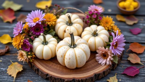 Mini pumpkins surrounded by asters, dahlias, and scattered leaves on a rustic wooden plank for fall vibes. photo