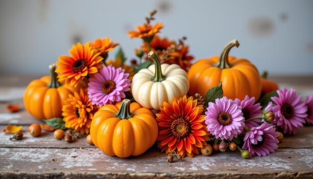 Cozy fall display of small pumpkins, dahlias, and asters on a weathered wooden surface for harvest vibes. photo