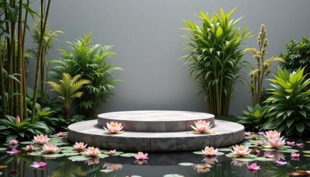 A podium built of smooth stone, encircled by bamboo and fragrant lilies, left alone in perfect stillness. photo