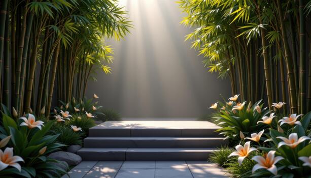 A podium lit by diffused light among clusters of bamboo and lilies, creating an undisturbed and empty garden scene. photo