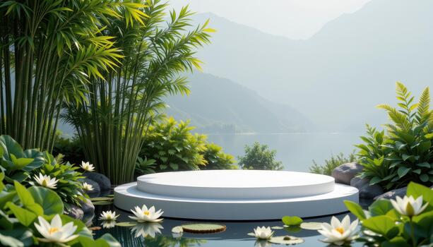 A pristine podium surrounded by whispering bamboo and gentle lilies, resting quietly without people or animals. photo