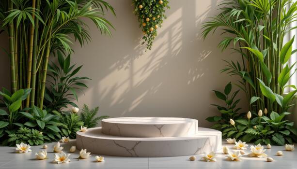 A podium before layered bamboo and scattered lilies, built into a peaceful, empty botanical arrangement. photo