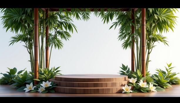 A podium shaded by bamboo leaves and outlined with lilies, offering a still environment free of all beings. photo