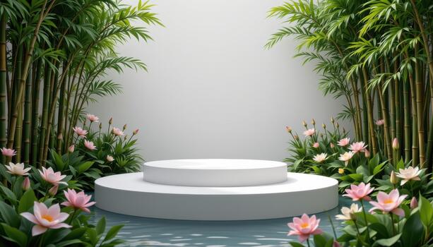 A podium installed deeply among bamboo stands and lily clusters, held in an undisturbed quiet state. photo