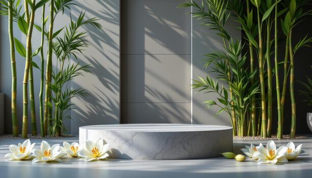 A podium framed by patterned bamboo and soft lilies, capturing a silent moment untouched by humans or animals. photo