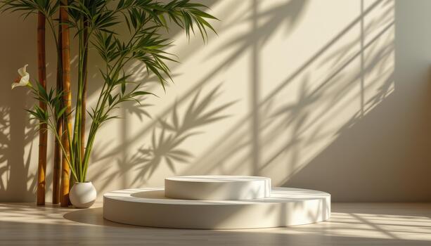 A podium deep inside bamboo shadows with lily highlights, providing a serene, lifeless visual composition. photo