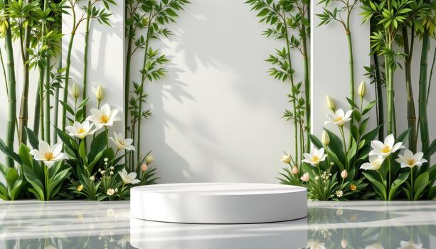 A podium tied visually with bamboo density and lily patterns, reflecting serene lifeless stillness. photo