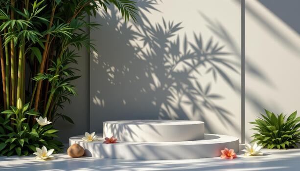 A podium accented by shadows, enclosed by bamboo and lilies, providing a peaceful empty frame. photo