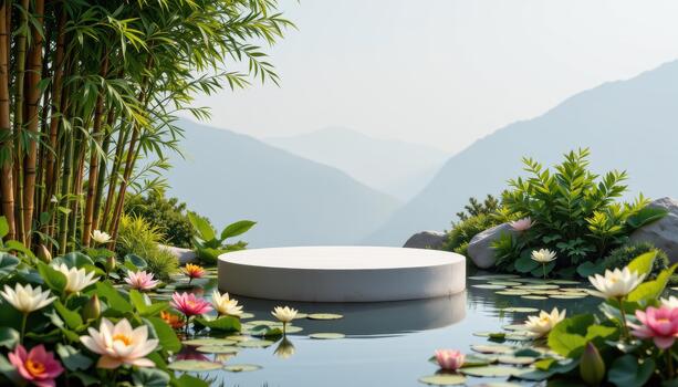 A podium set over a gentle surface amid bamboo and lilies, creating a wholly quiet environment. photo