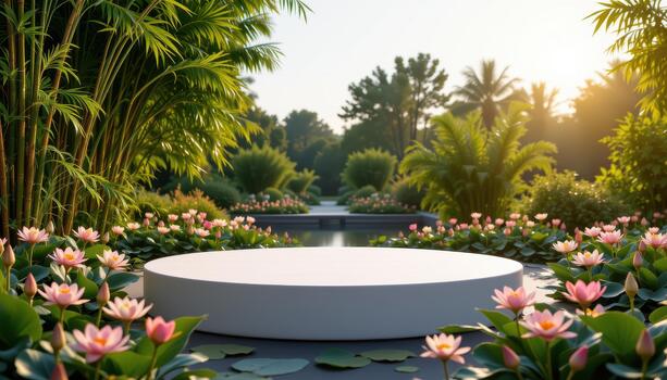 A podium installed in a still bamboo garden filled with lilies, presenting a quiet empty composition. photo