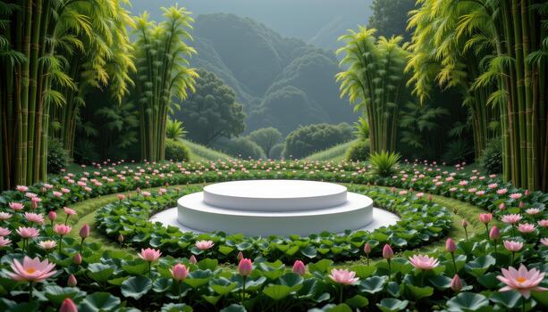 un podio posicionado dentro en capas bambú campos y lirio patrones, formando un silencio deshabitado mostrar. foto