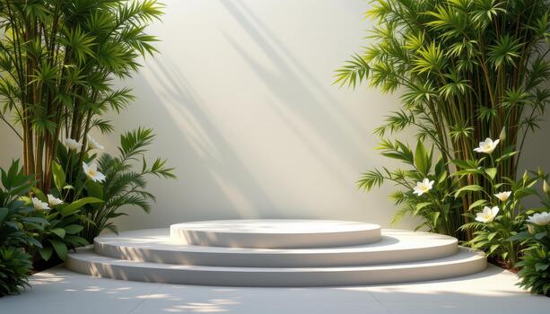A podium blanketed in diffused light, ringed with bamboo and lilies, providing an uninhabited quiet scene. photo