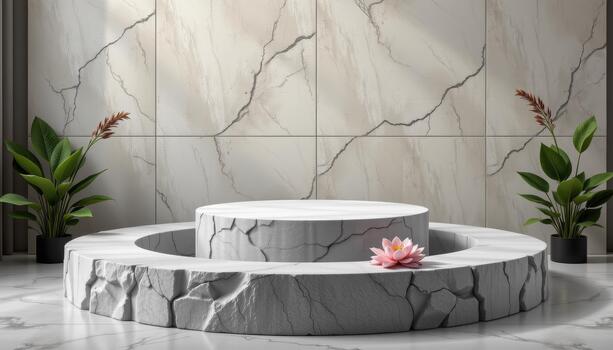 un podio moldeado con suave bordes, metido en bambú y lirio patrones, secundario un pacífico silencio. foto